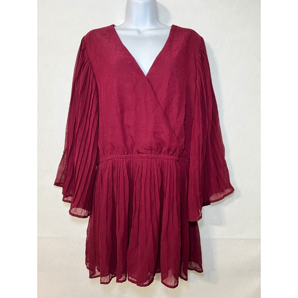 Entro Wine Burgundy Boho Chic Romantic Coquette Pleated Romper Bell Sleeve Sz L‎